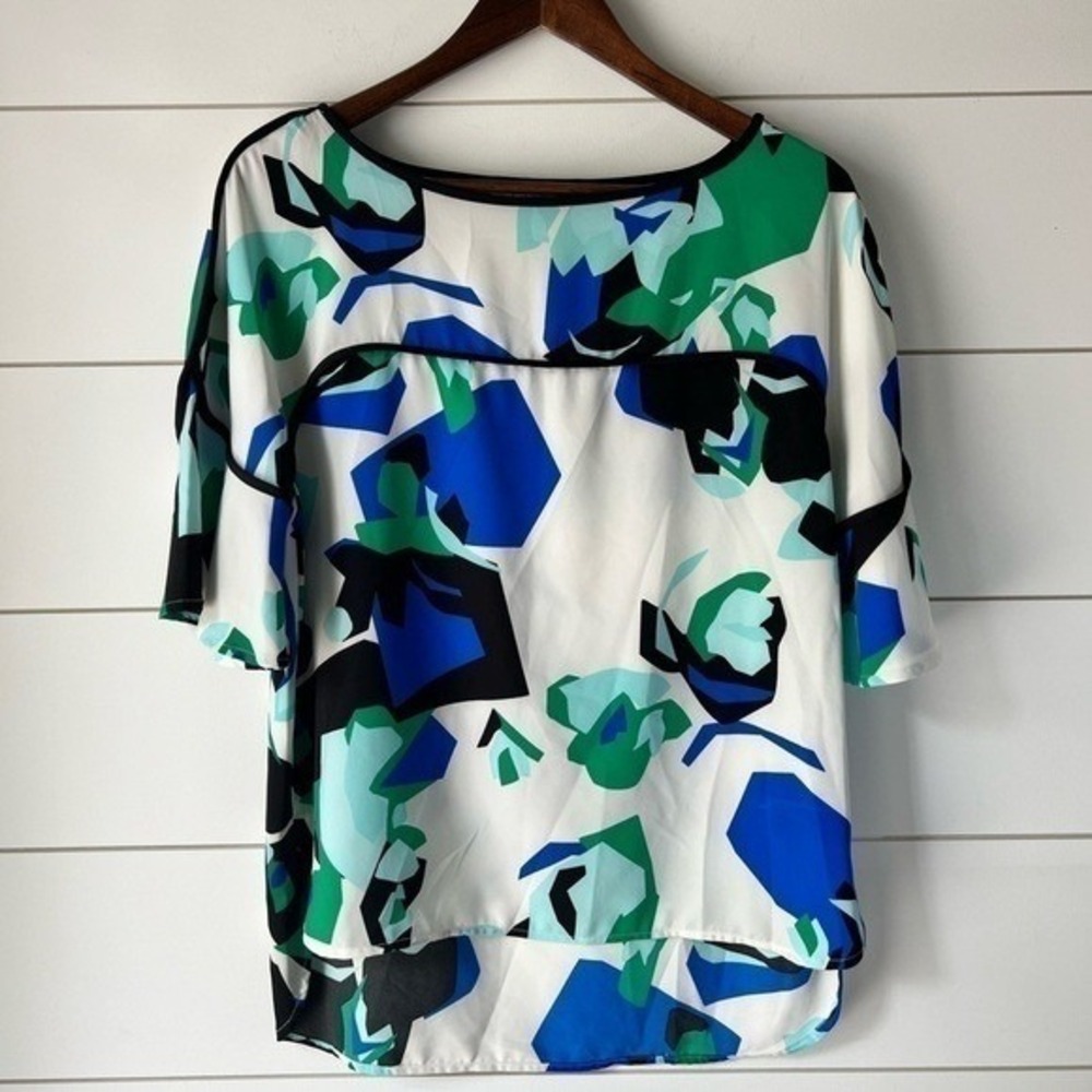 Calvin Klein Womens Blue Green Abstract Geometric Cold Shoulder Blouse Small - Picture 5 of 9